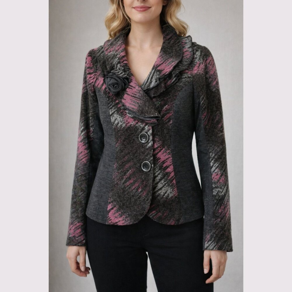 Vex Collection Rose Collar Knit Blazer Jacket - Grey & Pink | EU 40
